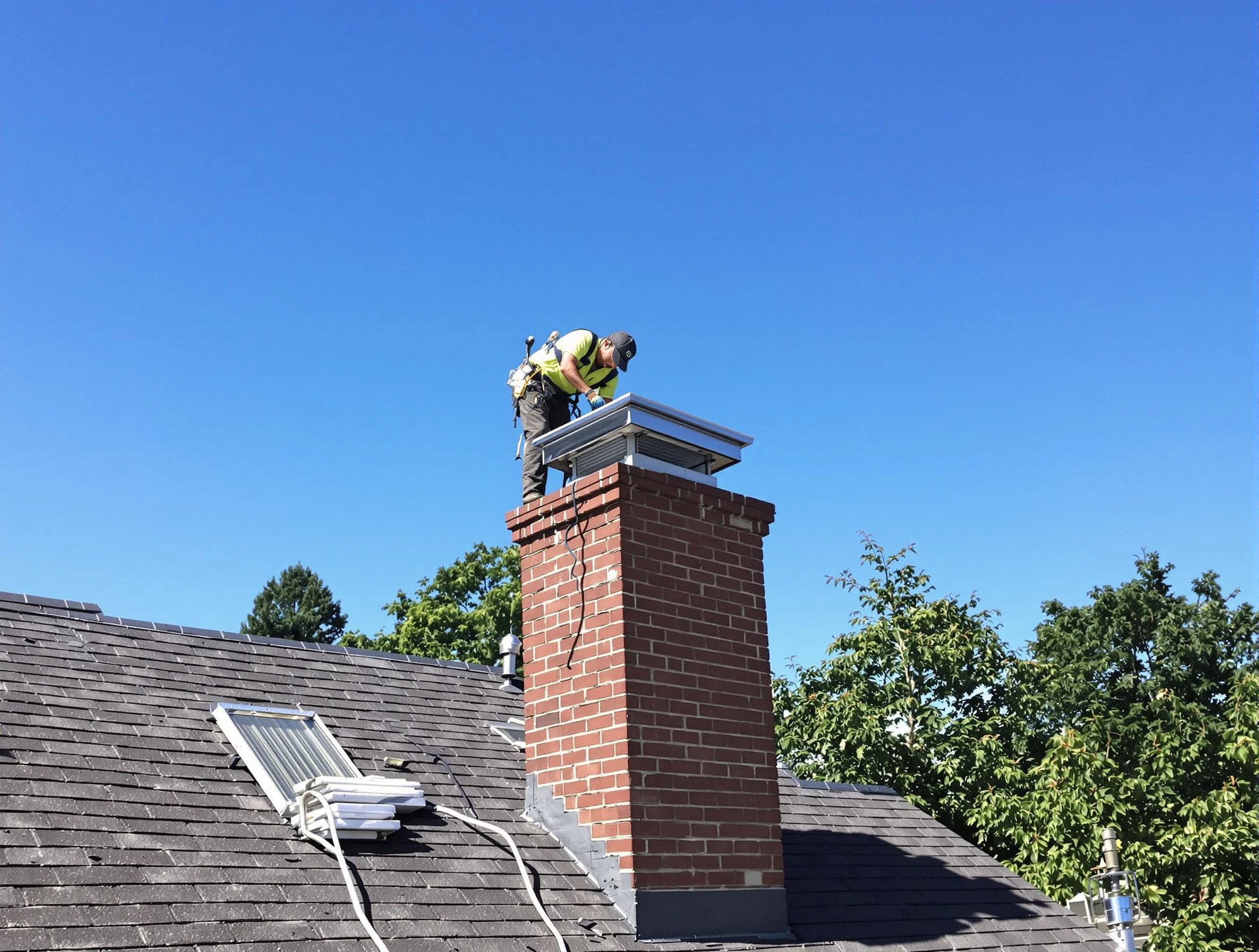 Dacono Chimney Sweep technician measuring a chimney cap in Dacono, CO